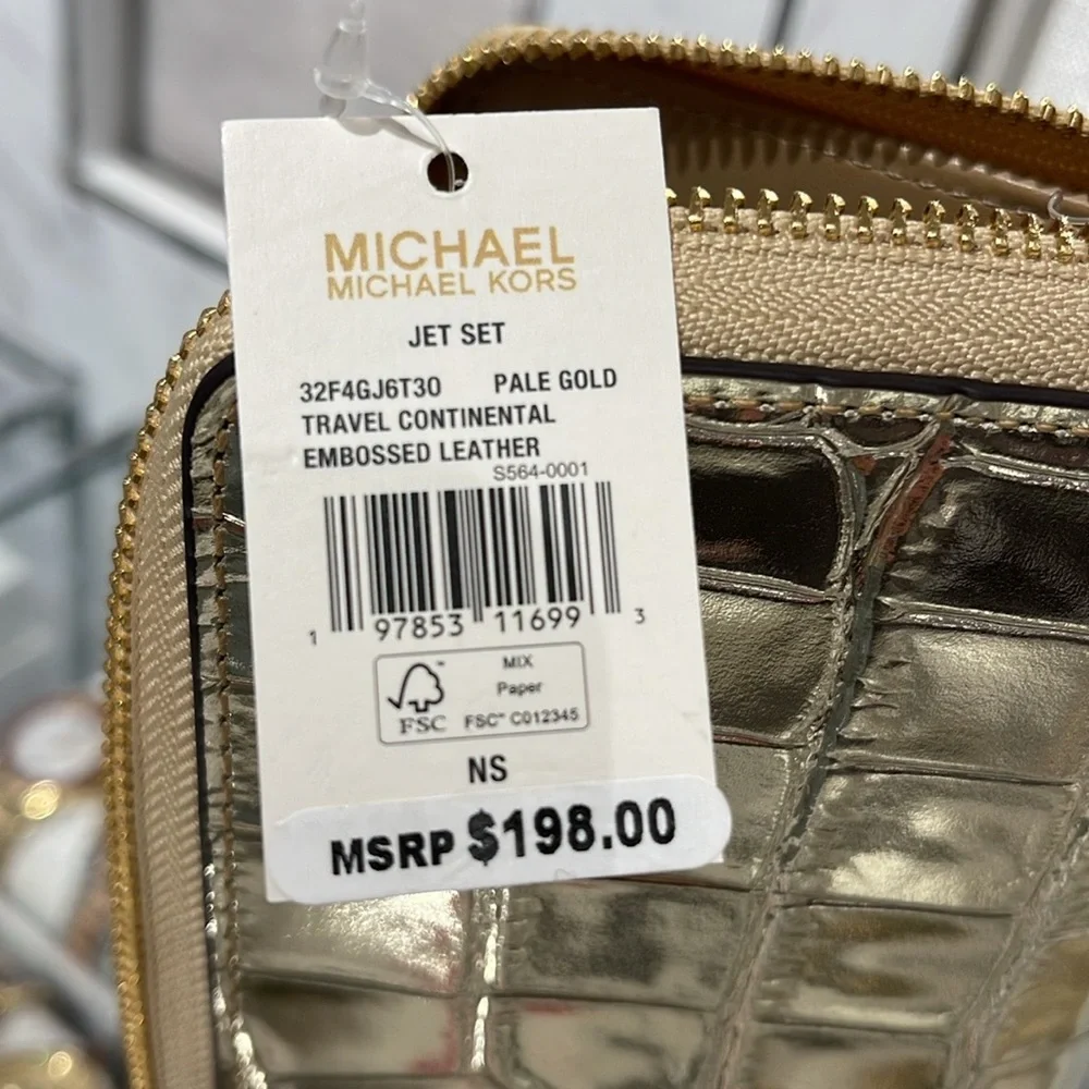 Michael Kors JSet Travel Metallic Crocodile Embossed Leather Continental Wallet